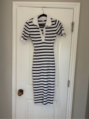 Caroline Constas White and Navy Striped Polo Midi Dress